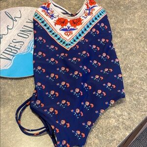 Cupshe Blue and Red Floral One Piece Swimsuit with Corset lacing in back